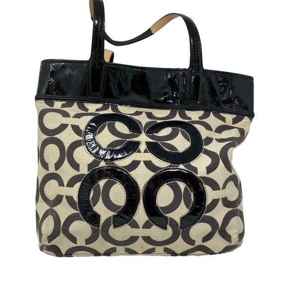 Coach Handbags - Coach Op Art Audrey Lurex Logo Tote Purse Bag 17035 Black Cream